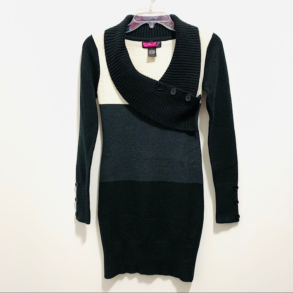 Knit Sweater Long Sleeves Colorblock Cowlneck Sweater Mini Dress